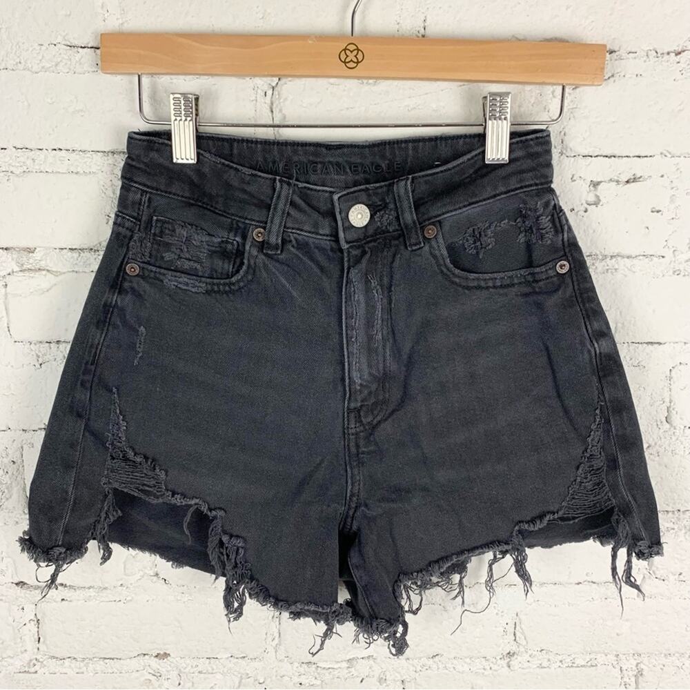 American Eagle Black Grey Mom Shorts Jean Distressed 0